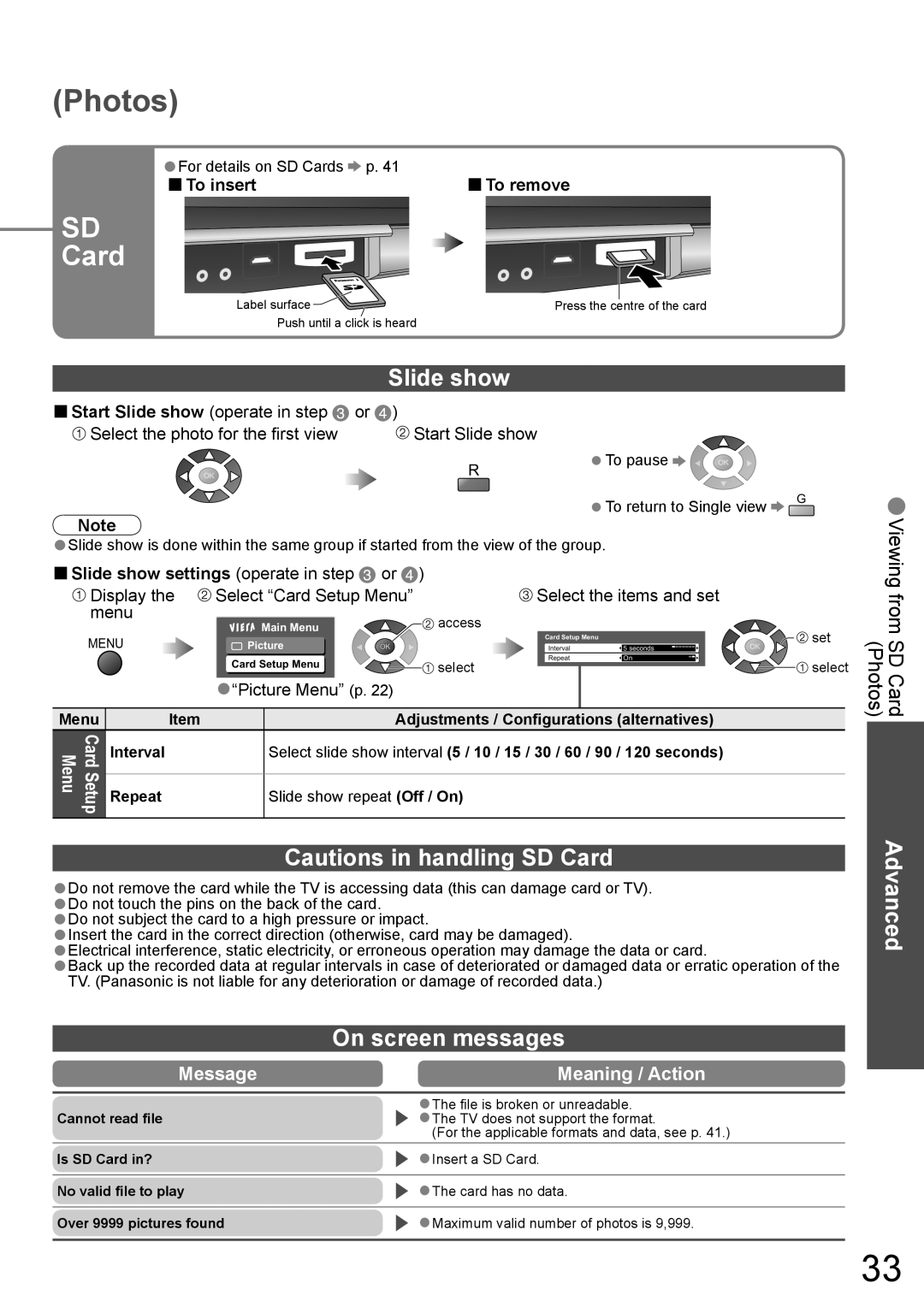 Panasonic TH-42PY800AZ Slide show, On screen messages, To insert, Display Select Card Setup Menu Select the items and set 