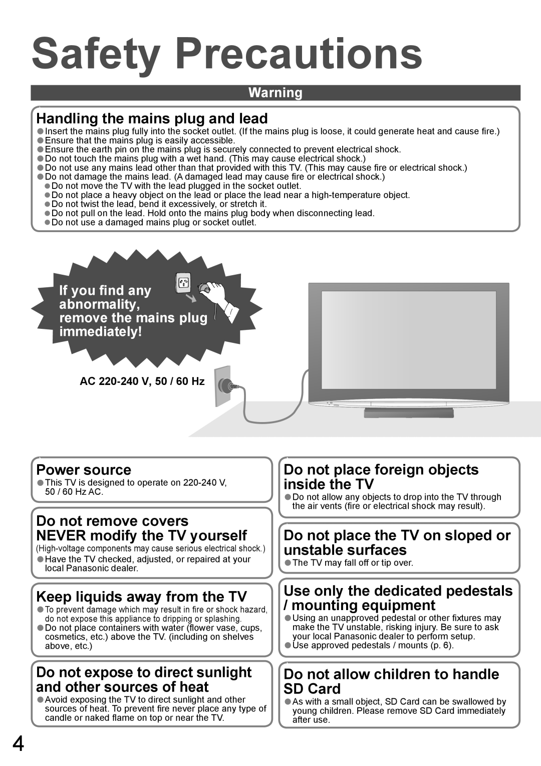 Panasonic TH-50PY800AZ, TH-42PY800AZ manual Safety Precautions, AC 220-240 V, 50 / 60 Hz, TV may fall off or tip over 