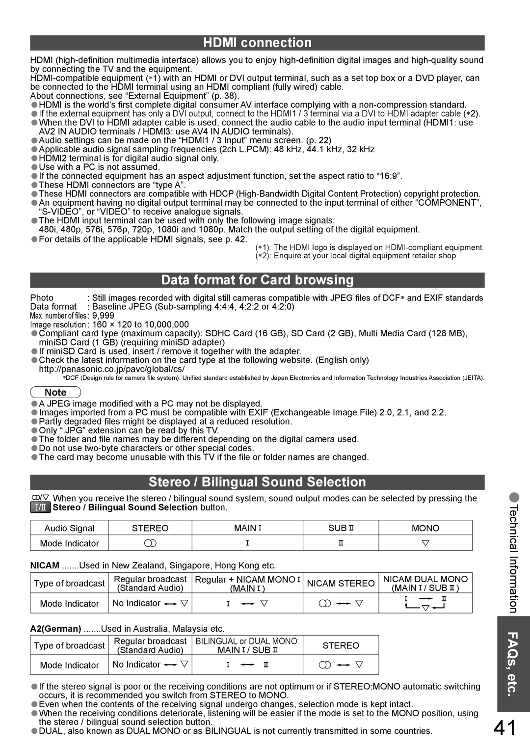 Panasonic TH-42PY800AZ, TH-50PY800AZ Hdmi connection, Data format for Card browsing, Stereo / Bilingual Sound Selection 