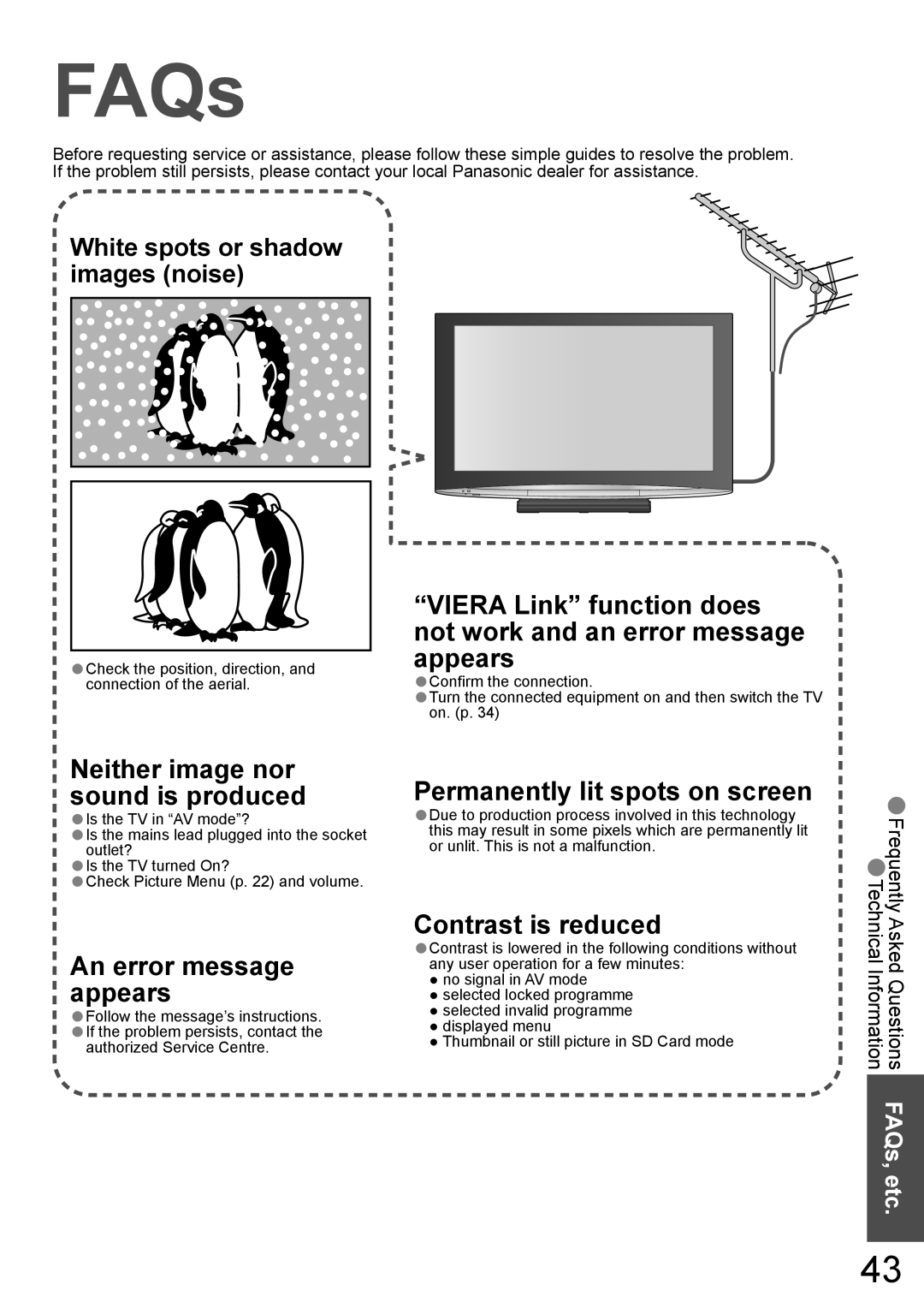 Panasonic TH-42PY800AZ, TH-50PY800AZ manual FAQs, Check the position, direction, and connection of the aerial 