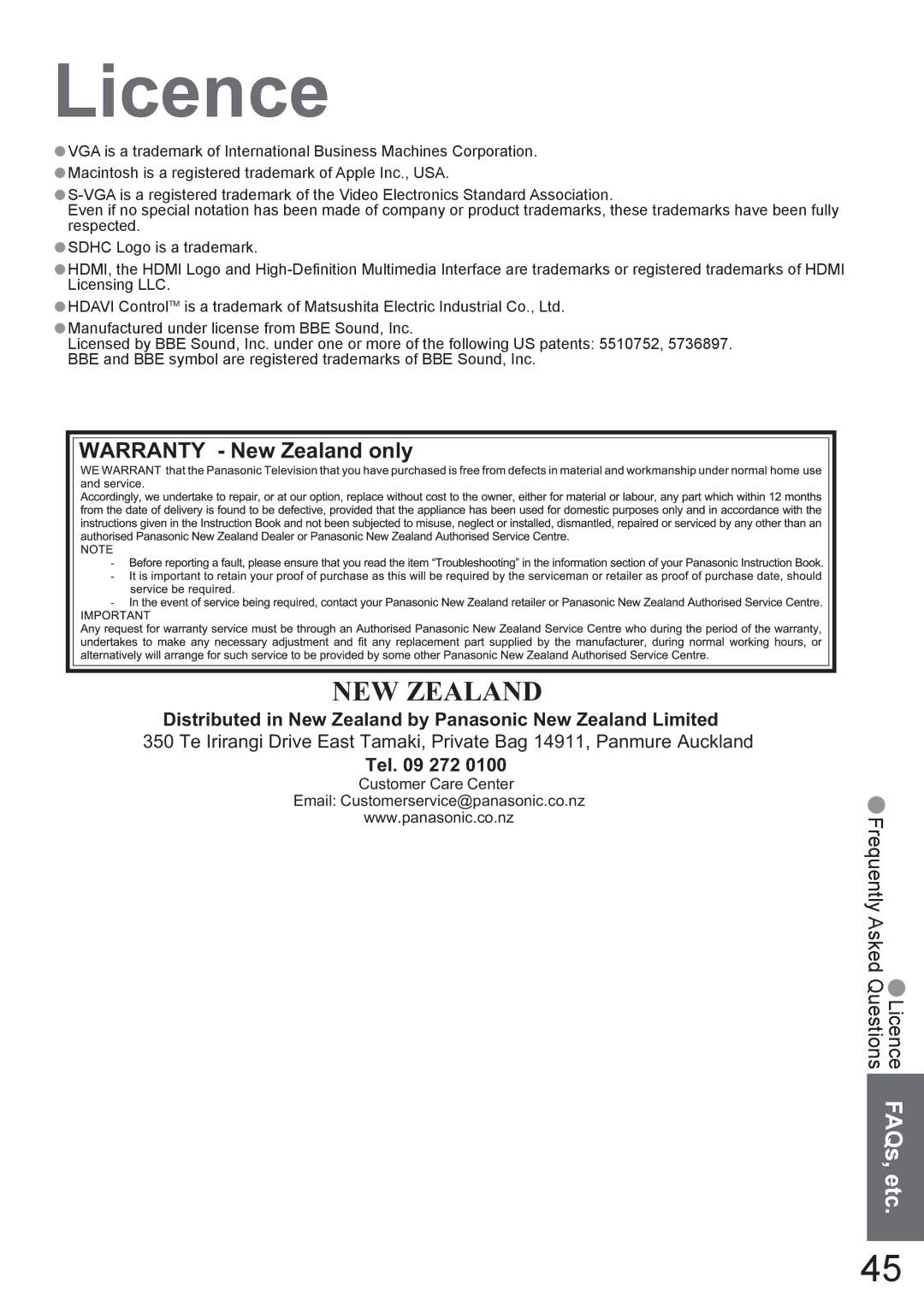 Panasonic TH-42PY800AZ Licence, Warranty New Zealand only, Distributed in New Zealand by Panasonic New Zealand Limited 