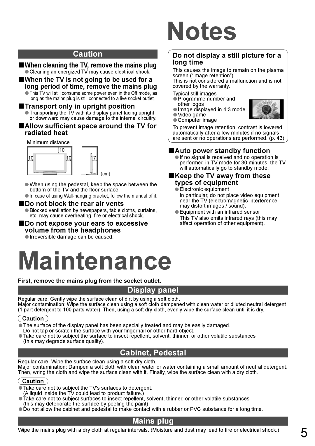 Panasonic TH-42PY800AZ, TH-50PY800AZ manual Maintenance, Display panel, Cabinet, Pedestal, Mains plug 