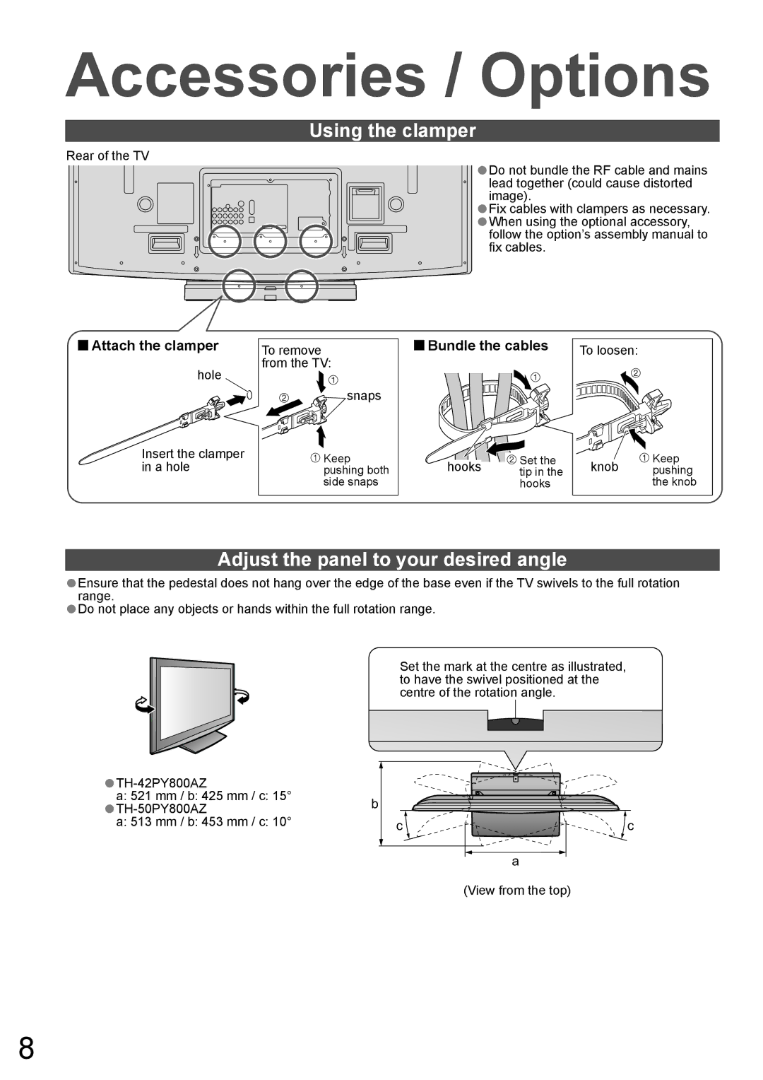 Panasonic TH-50PY800AZ Accessories / Options, Using the clamper, Adjust the panel to your desired angle, Bundle the cables 