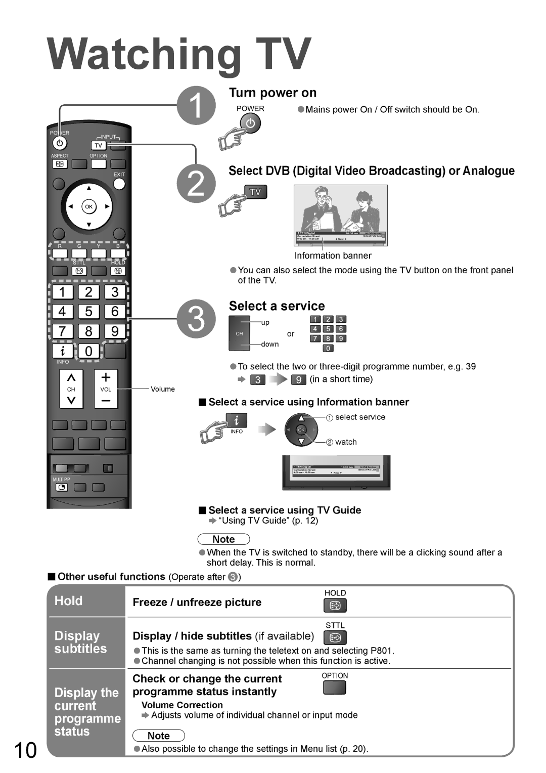 Panasonic TH-50PZ700A, TH-42PZ700A Watching TV, Turn power on, Select a service, Hold Display subtitles 