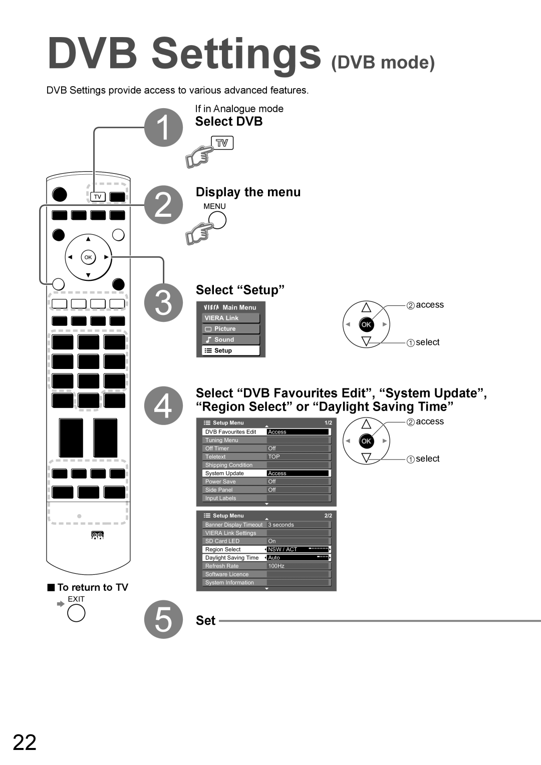 Panasonic TH-50PZ700A, TH-42PZ700A operating instructions DVB Settings DVB mode, Select DVB Display the menu, Select Setup 