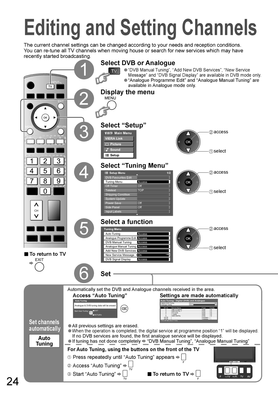 Panasonic TH-50PZ700A, TH-42PZ700A Select DVB or Analogue, Select Tuning Menu, Select a function, Auto Tuning 