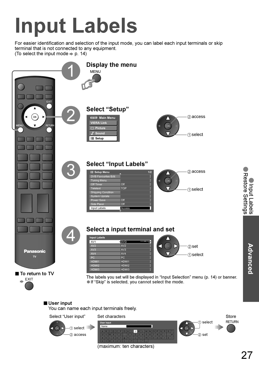 Panasonic TH-42PZ700A Display the menu Select Setup, Select Input Labels, Select a input terminal and set, User input 