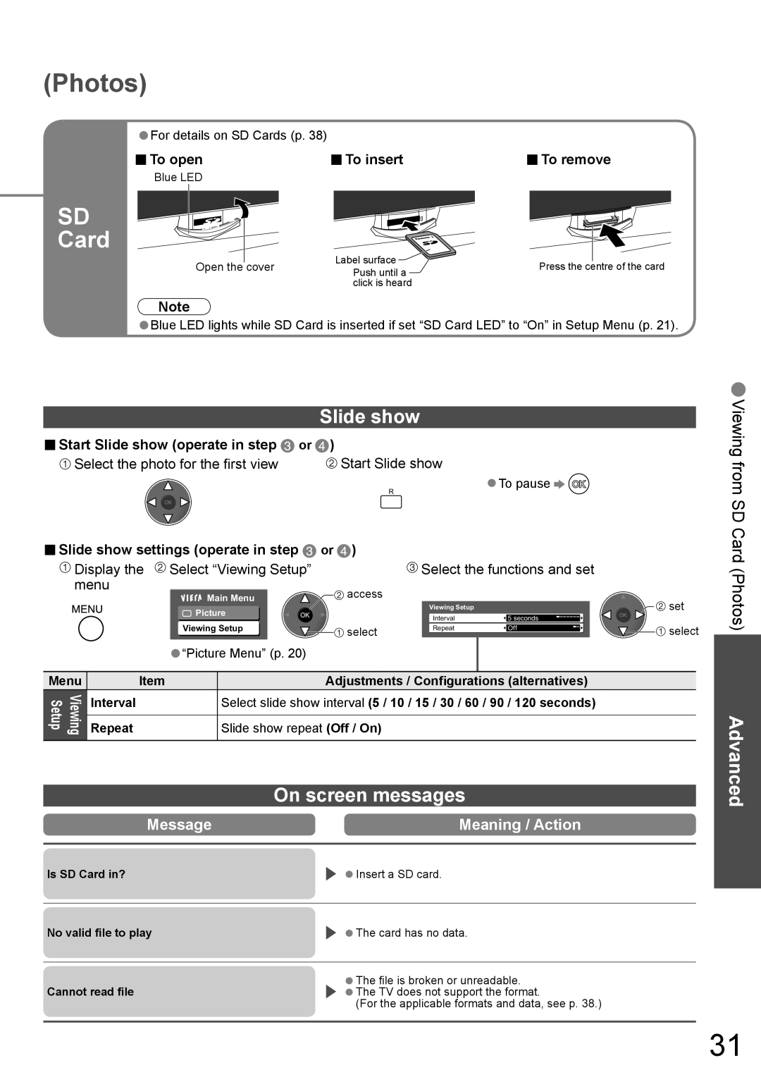 Panasonic TH-42PZ700A, TH-50PZ700A On screen messages, To insert, Start Slide show operate in step or 