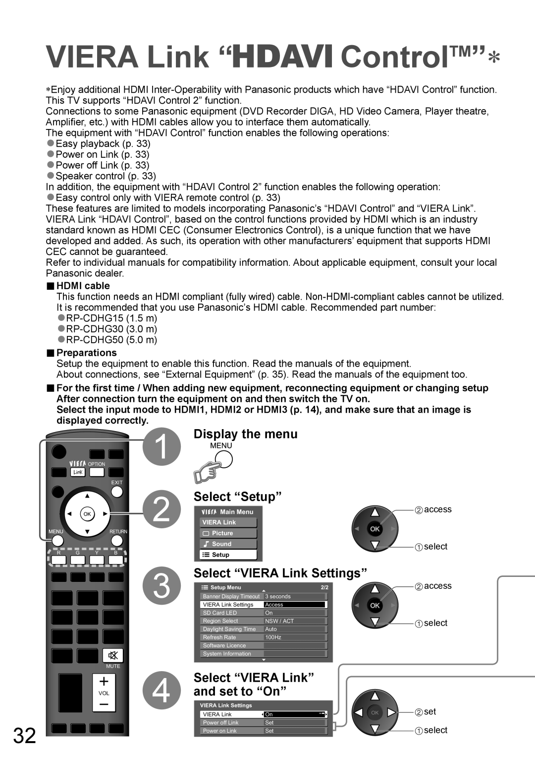 Panasonic TH-50PZ700A, TH-42PZ700A Select Viera Link Settings, Select Viera Link and set to On, Hdmi cable, Preparations 