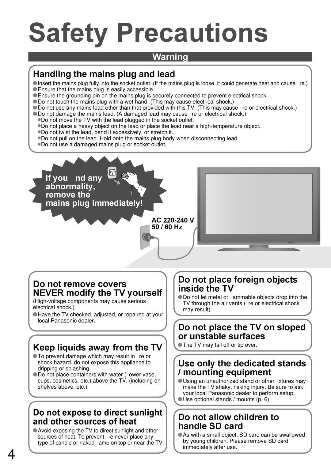 Panasonic TH-50PZ700A, TH-42PZ700A Safety Precautions, If you ﬁnd any abnormality, remove Mains plug immediately 