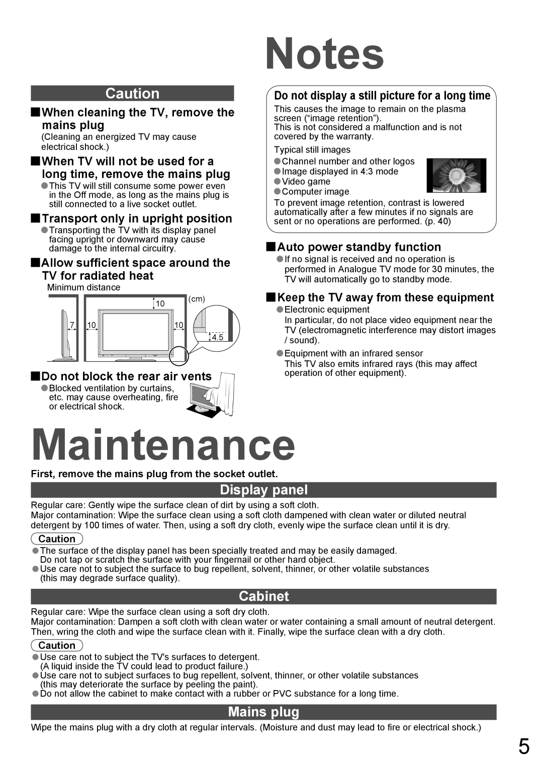 Panasonic TH-42PZ700A, TH-50PZ700A operating instructions Maintenance, Display panel, Cabinet, Mains plug 