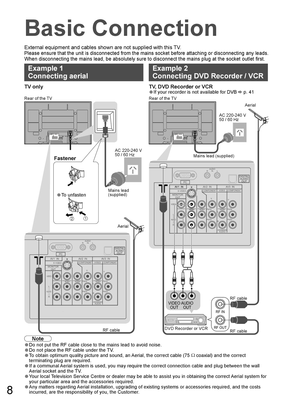 Panasonic TH-50PZ700A Basic Connection, Example Connecting aerial Connecting DVD Recorder / VCR, TV only, Fastener 