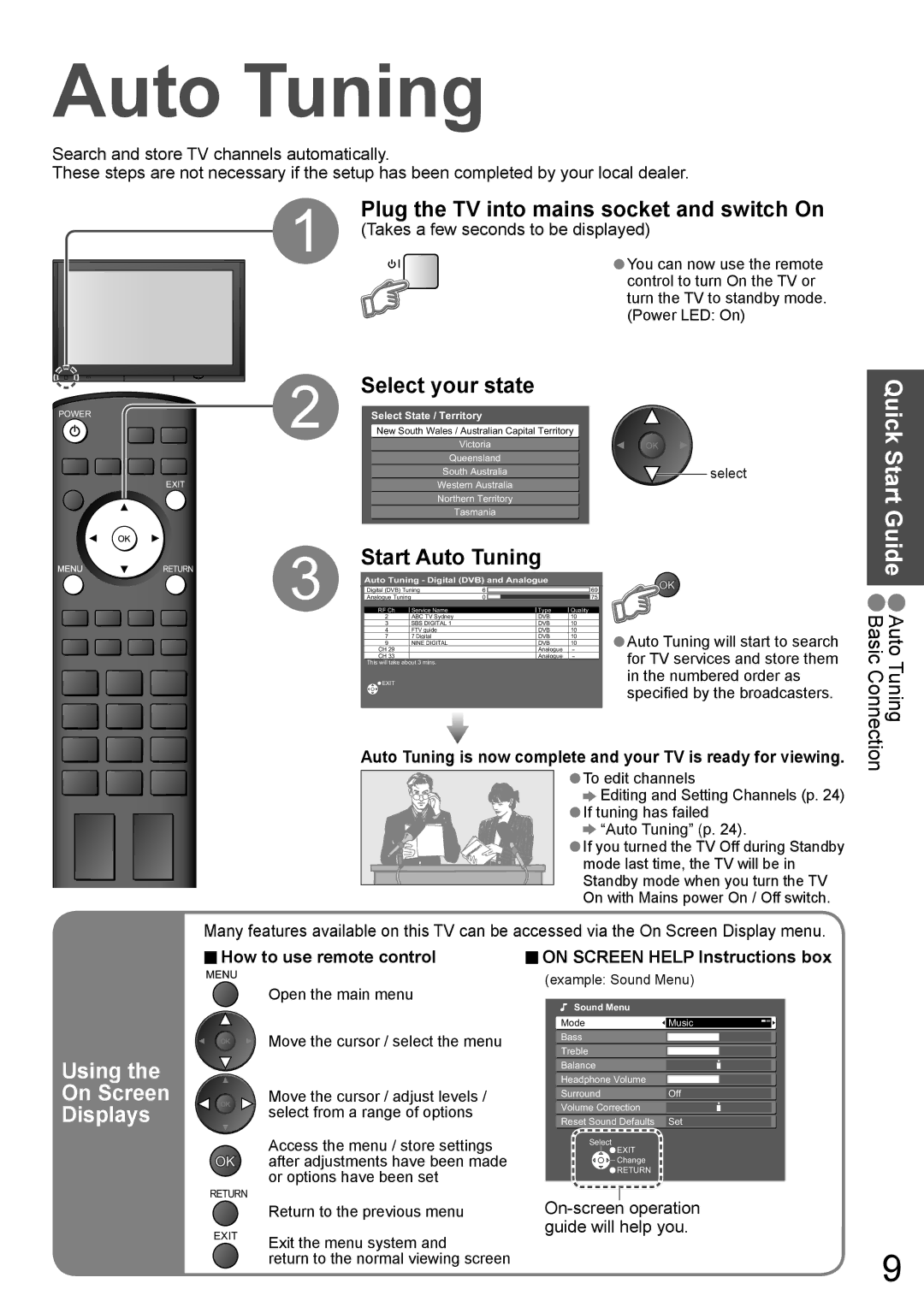 Panasonic TH-42PZ700A, TH-50PZ700A Select your state, Start Auto Tuning, Using On Screen Displays 