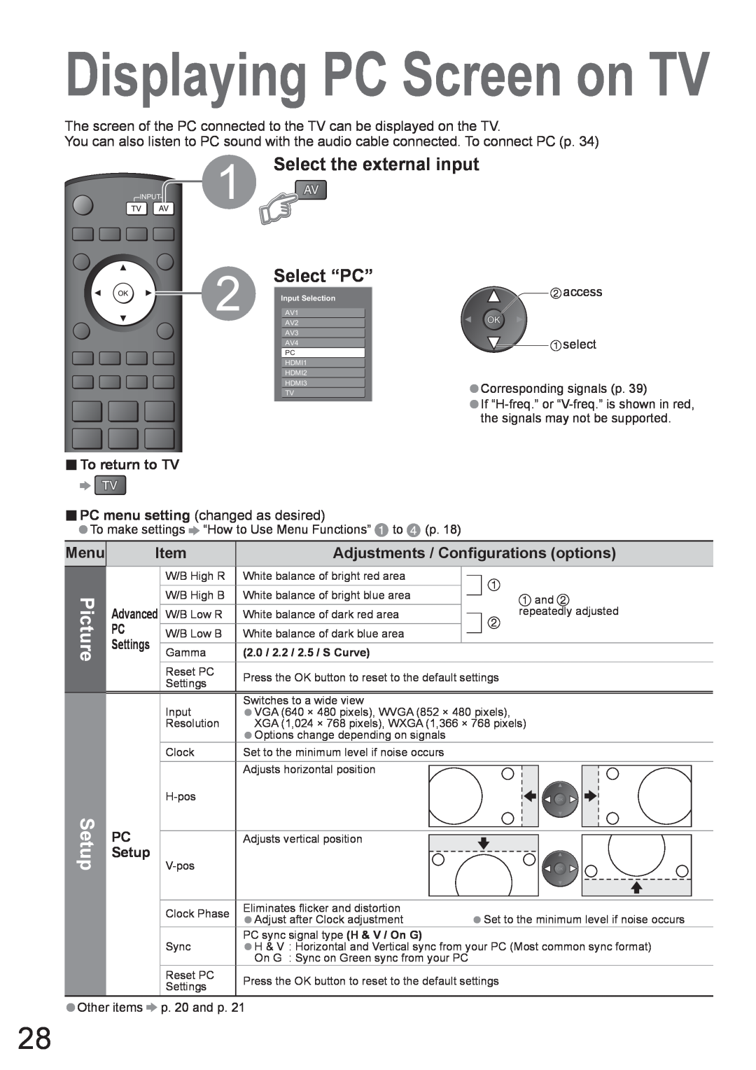 Panasonic TH-50PZ700A Displaying PC Screen on TV, Select the external input, Select “PC”, Menu, Setup, Settings 