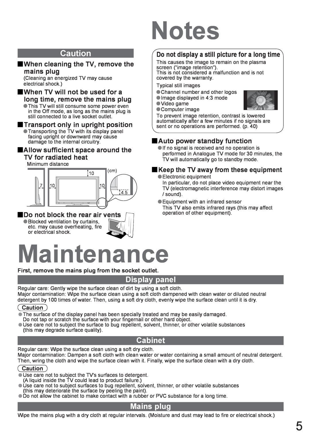 Panasonic TH-42PZ700A Maintenance, Display panel, Cabinet, Mains plug, When cleaning the TV, remove the mains plug 