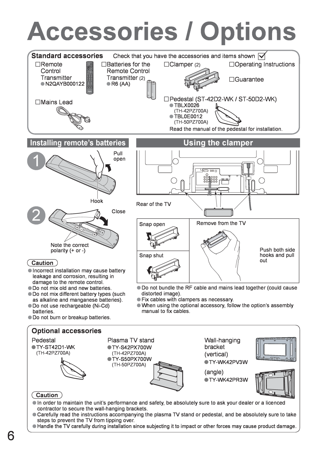 Panasonic TH-50PZ700A Accessories / Options, Installing remote’s batteries, Using the clamper, Optional accessories 