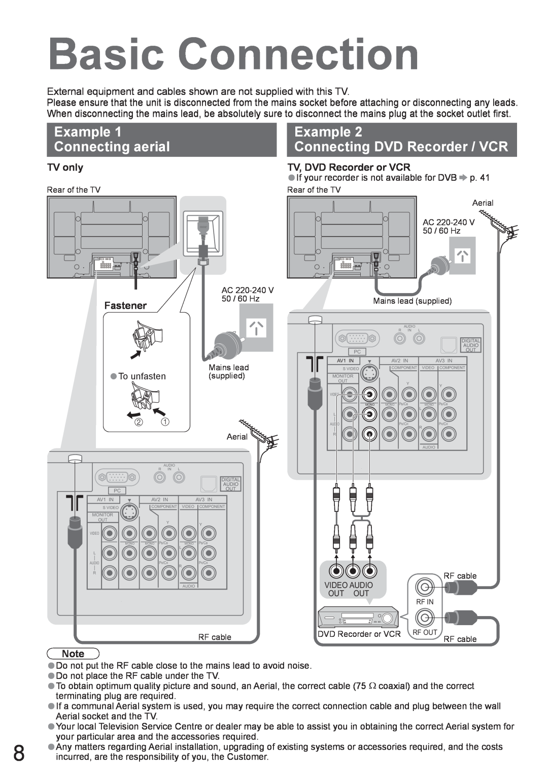 Panasonic TH-50PZ700A, TH-42PZ700A Basic Connection, Example, Connecting aerial, Connecting DVD Recorder / VCR 