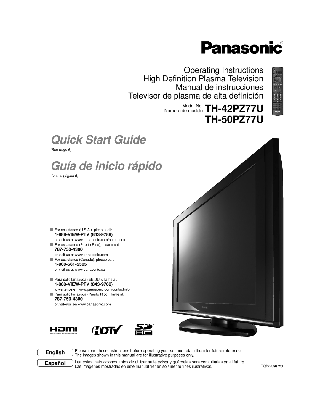 Panasonic TH-42PZ77U, TH-50PZ77U quick start Model No. Número de modelo, View-Ptv 