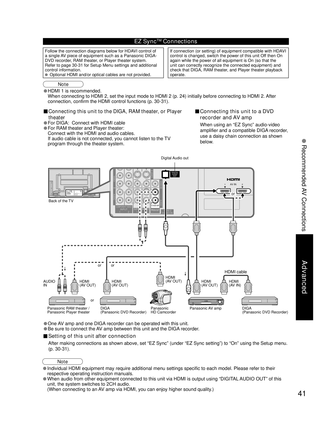 Panasonic TH-42PZ77U, TH-50PZ77U quick start EZ SyncTM Connections, Connecting this unit to a DVD recorder and AV amp 