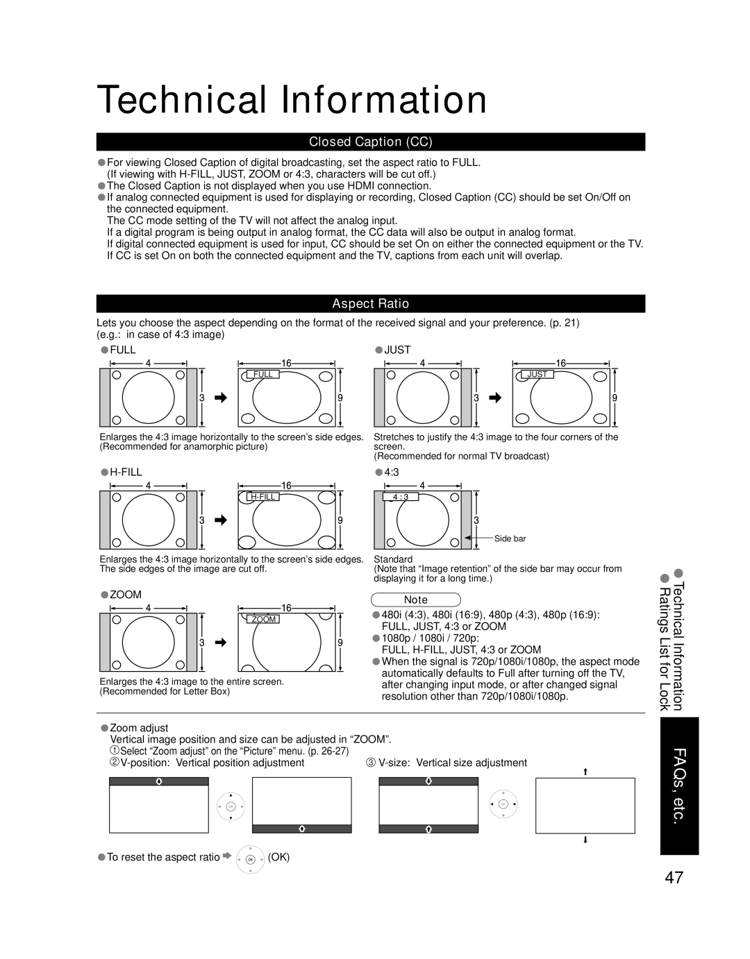 Panasonic TH-42PZ77U, TH-50PZ77U Technical Information, Closed Caption CC, Aspect Ratio, To reset the aspect ratio 