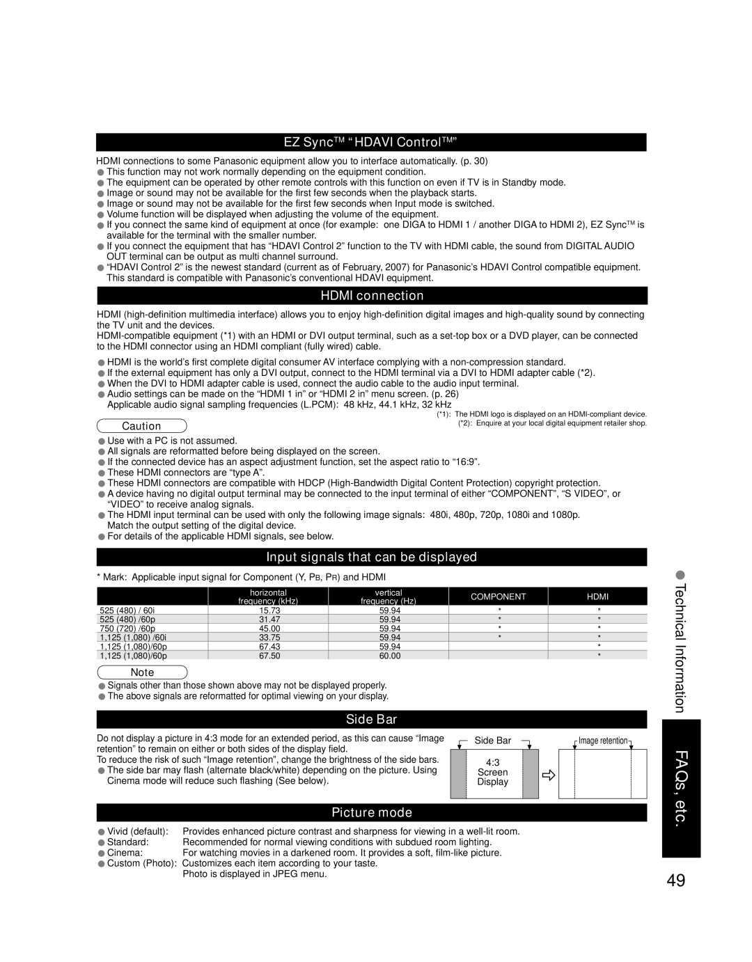 Panasonic TH-42PZ77U, TH-50PZ77U EZ SyncTM Hdavi ControlTM, Hdmi connection, Input signals that can be displayed, Side Bar 