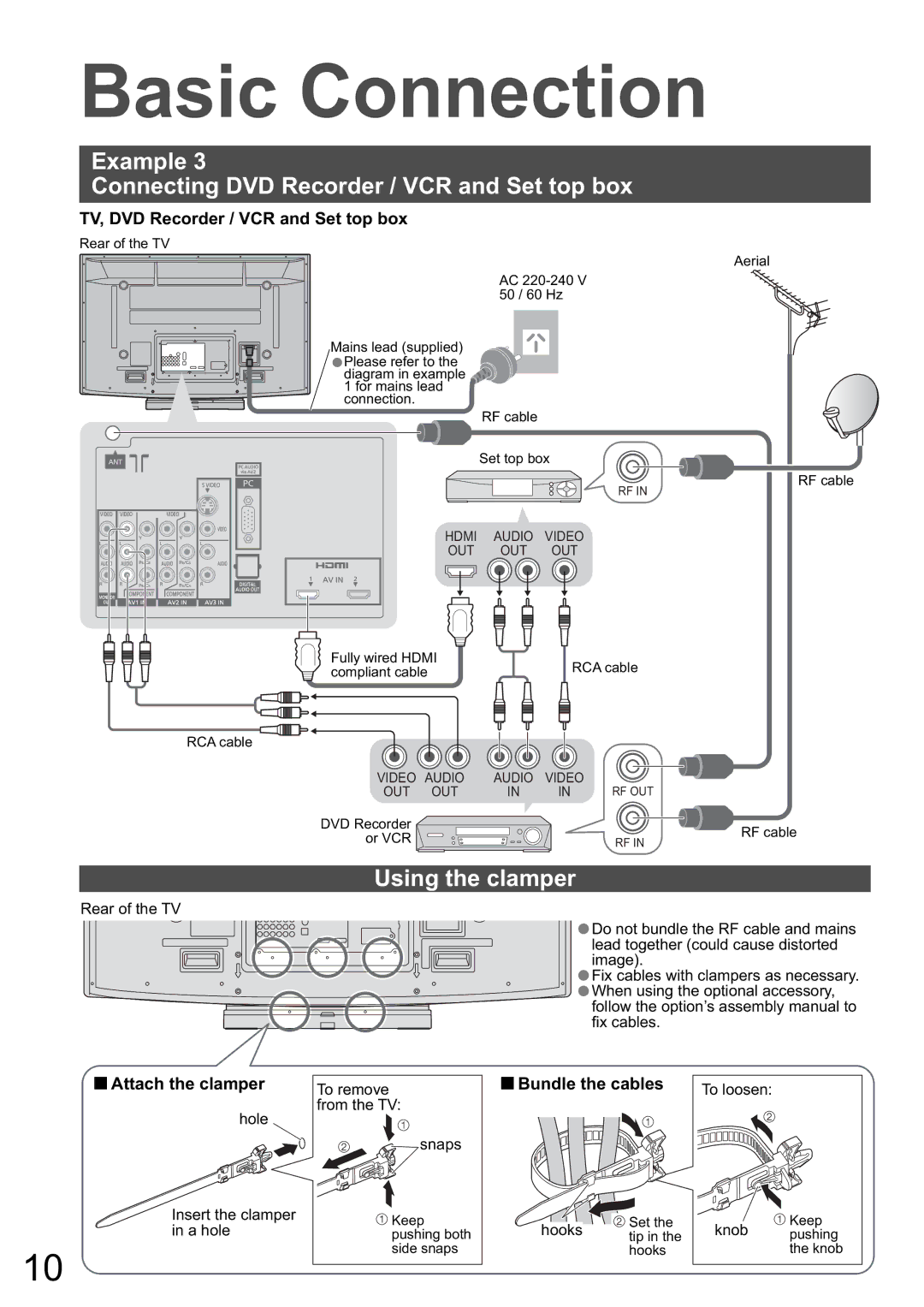 Panasonic TH-42PZ800A, TH-50PZ800A, TH-46PZ800A warranty Example, Using the clamper, ŶAttach the clamper, ŶBundle the cables 