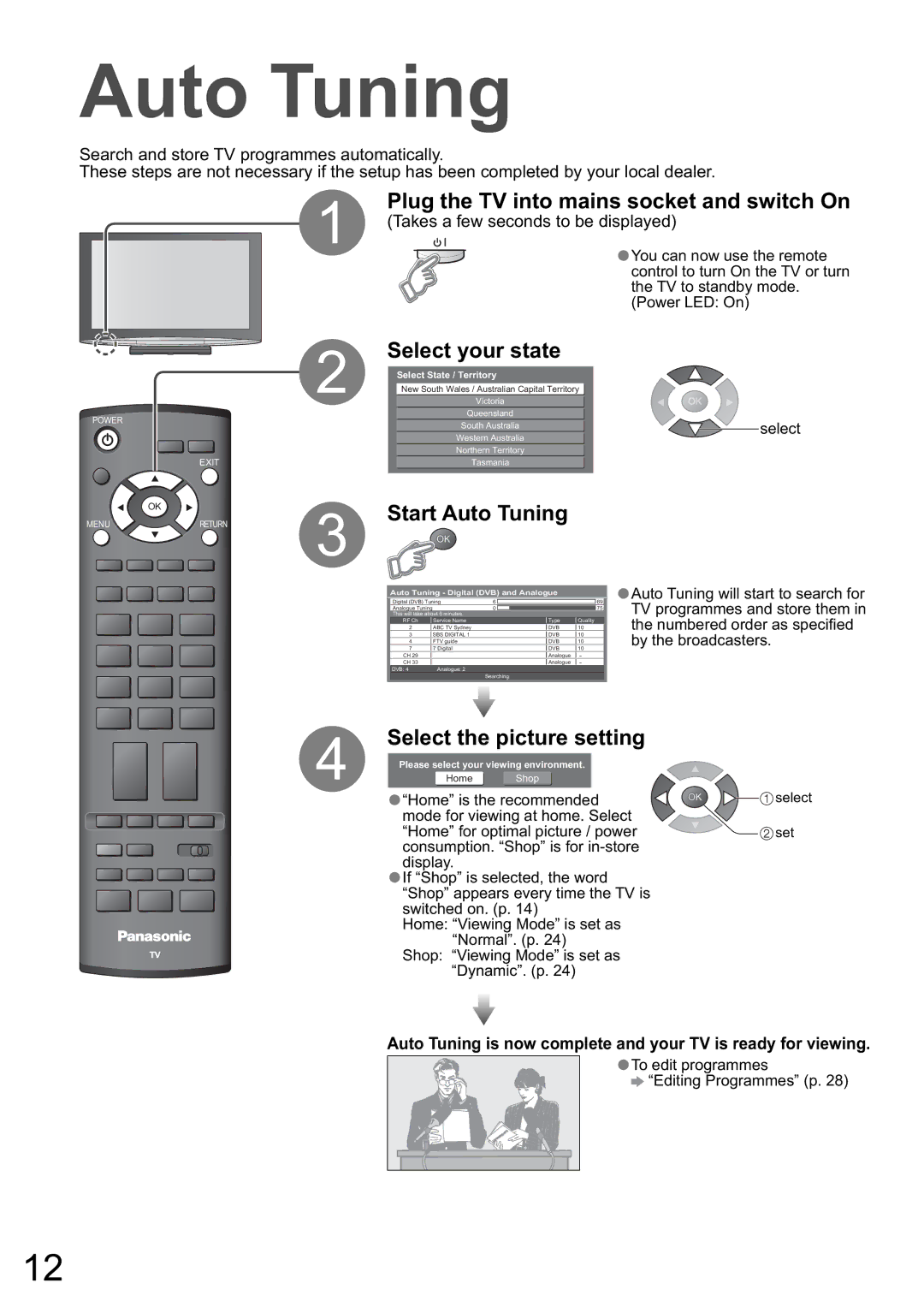 Panasonic TH-46PZ800A, TH-50PZ800A warranty Select your state, Start Auto Tuning, Takes a few seconds to be displayed 