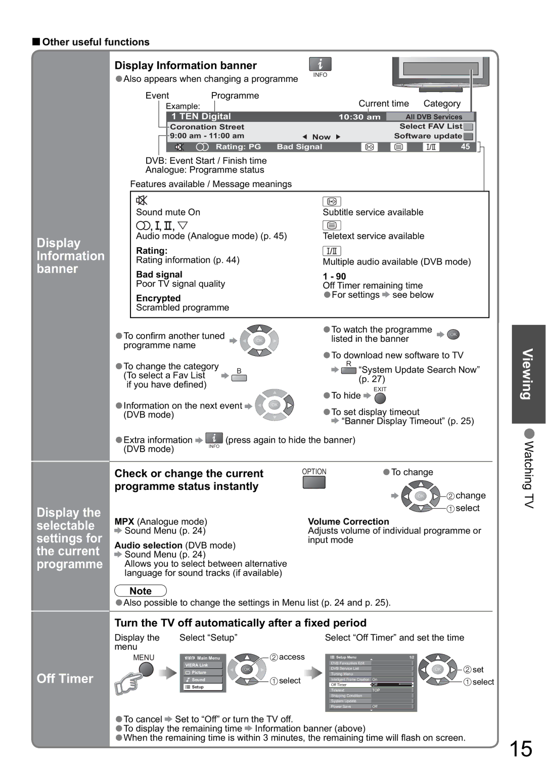 Panasonic TH-46PZ800A, TH-50PZ800A Information, Banner, Off Timer, Turn the TV off automatically after a ﬁxed period 