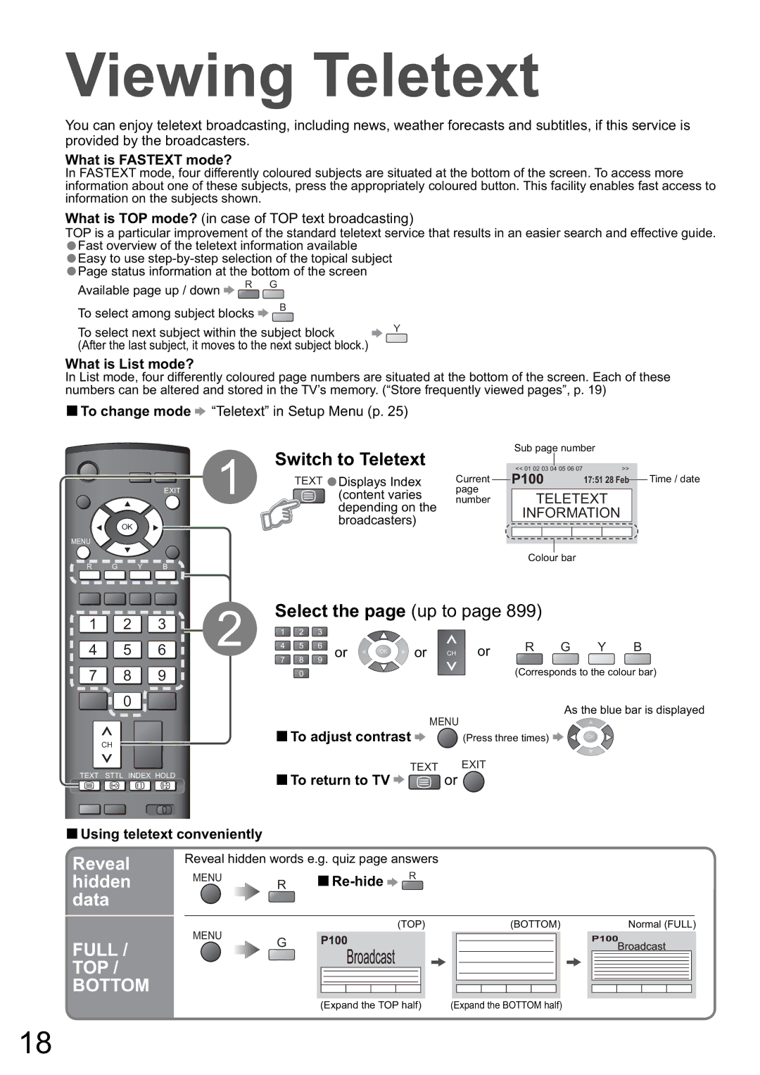 Panasonic TH-46PZ800A, TH-50PZ800A, TH-42PZ800A warranty Viewing Teletext, Reveal, Hidden, Data 