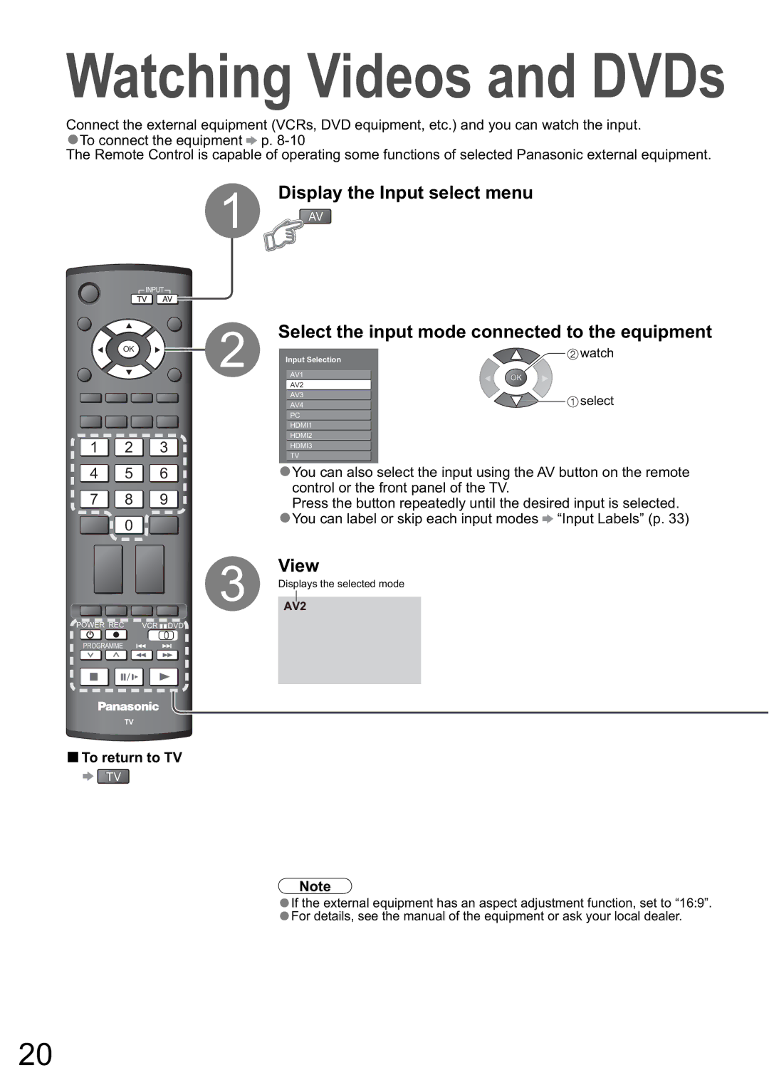 Panasonic TH-50PZ800A, TH-46PZ800A Display the Input select menu, View, Select the input mode connected to the equipment 