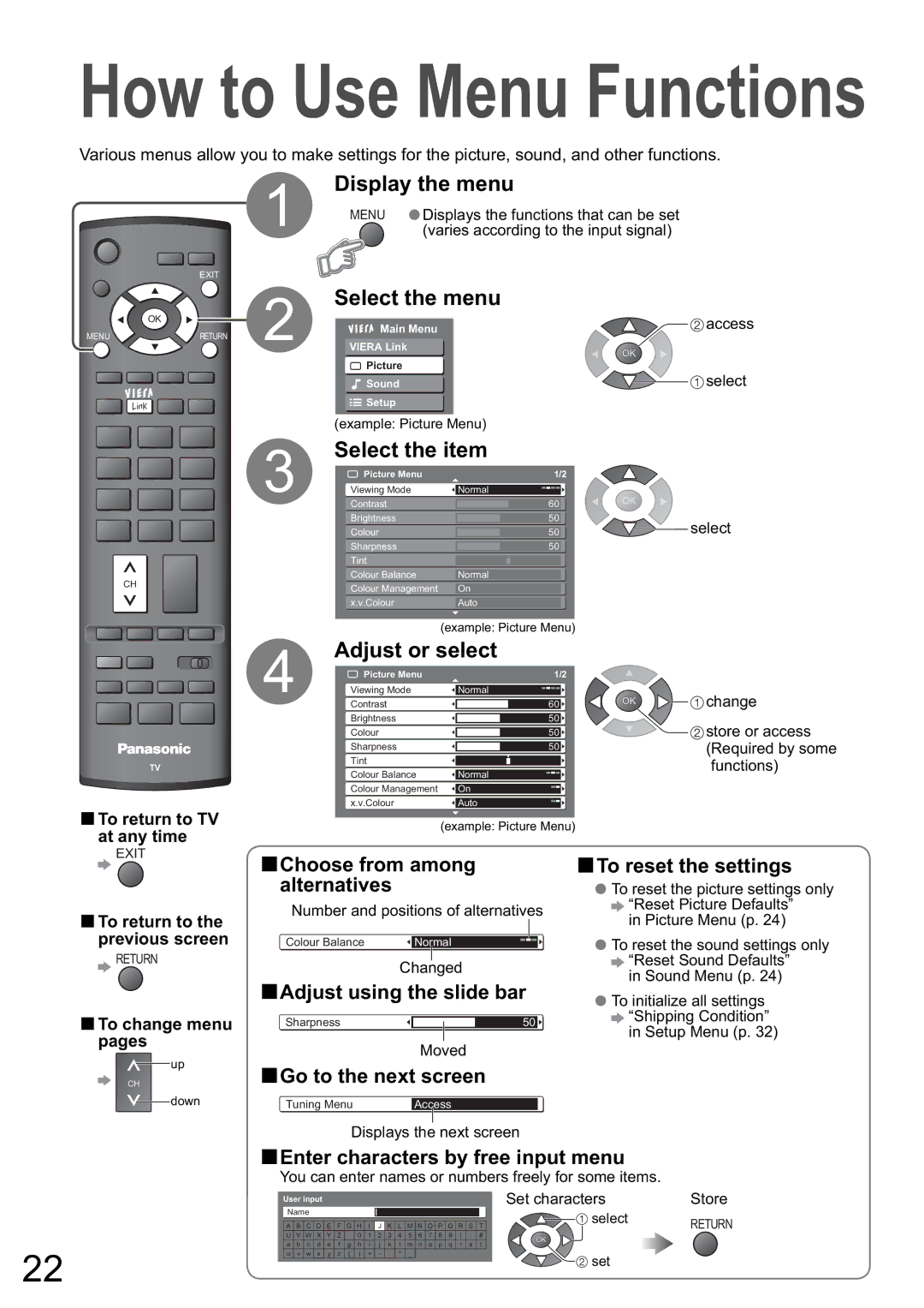 Panasonic TH-42PZ800A, TH-50PZ800A, TH-46PZ800A warranty Display the menu, Select the menu, Select the item, Adjust or select 