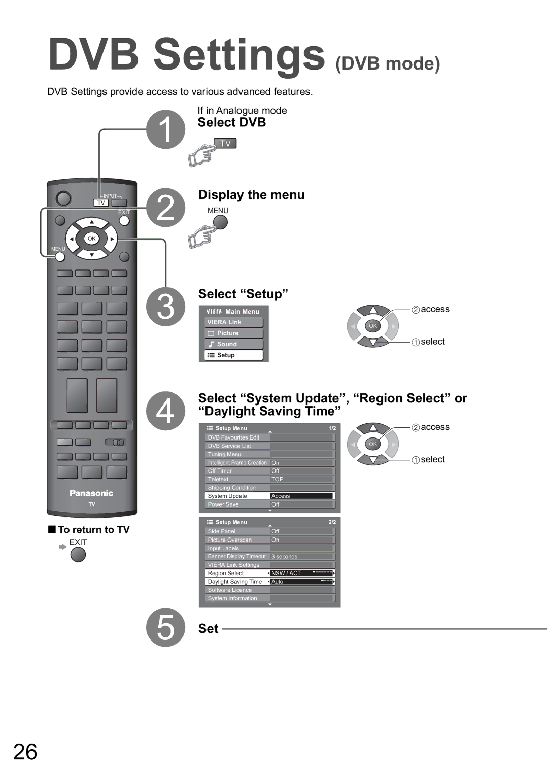 Panasonic TH-50PZ800A, TH-46PZ800A, TH-42PZ800A DVB Settings DVB mode, Select DVB, Select Setup, Daylight Saving Time 