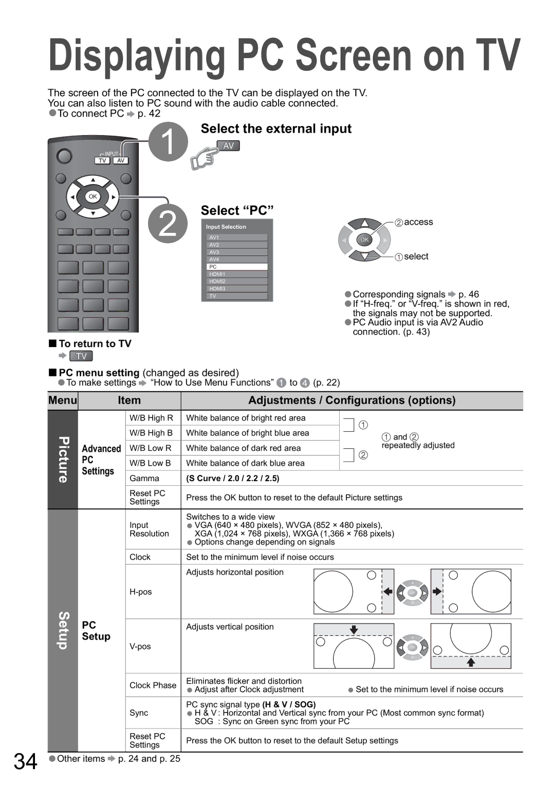 Panasonic TH-42PZ800A, TH-50PZ800A warranty Select PC, Select the external input, Menu Adjustments / Configurations options 