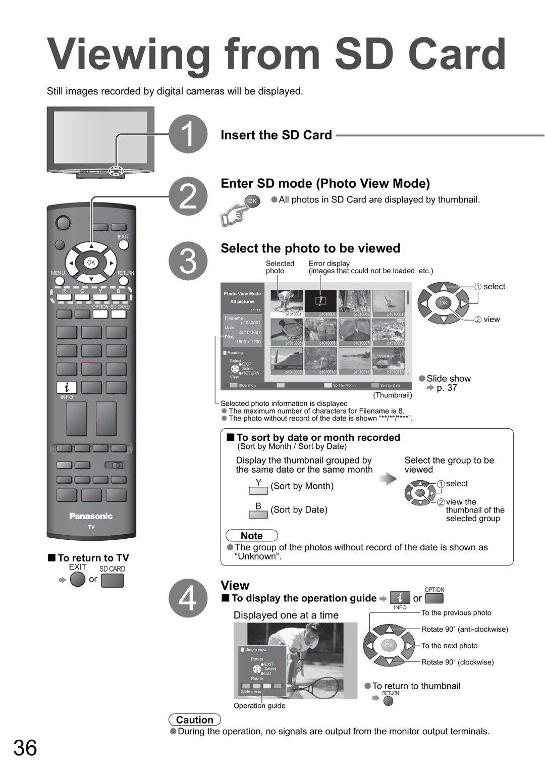 Panasonic TH-46PZ800A, TH-50PZ800A, TH-42PZ800A Viewing from SD Card, Insert the SD Card Enter SD mode Photo View Mode 