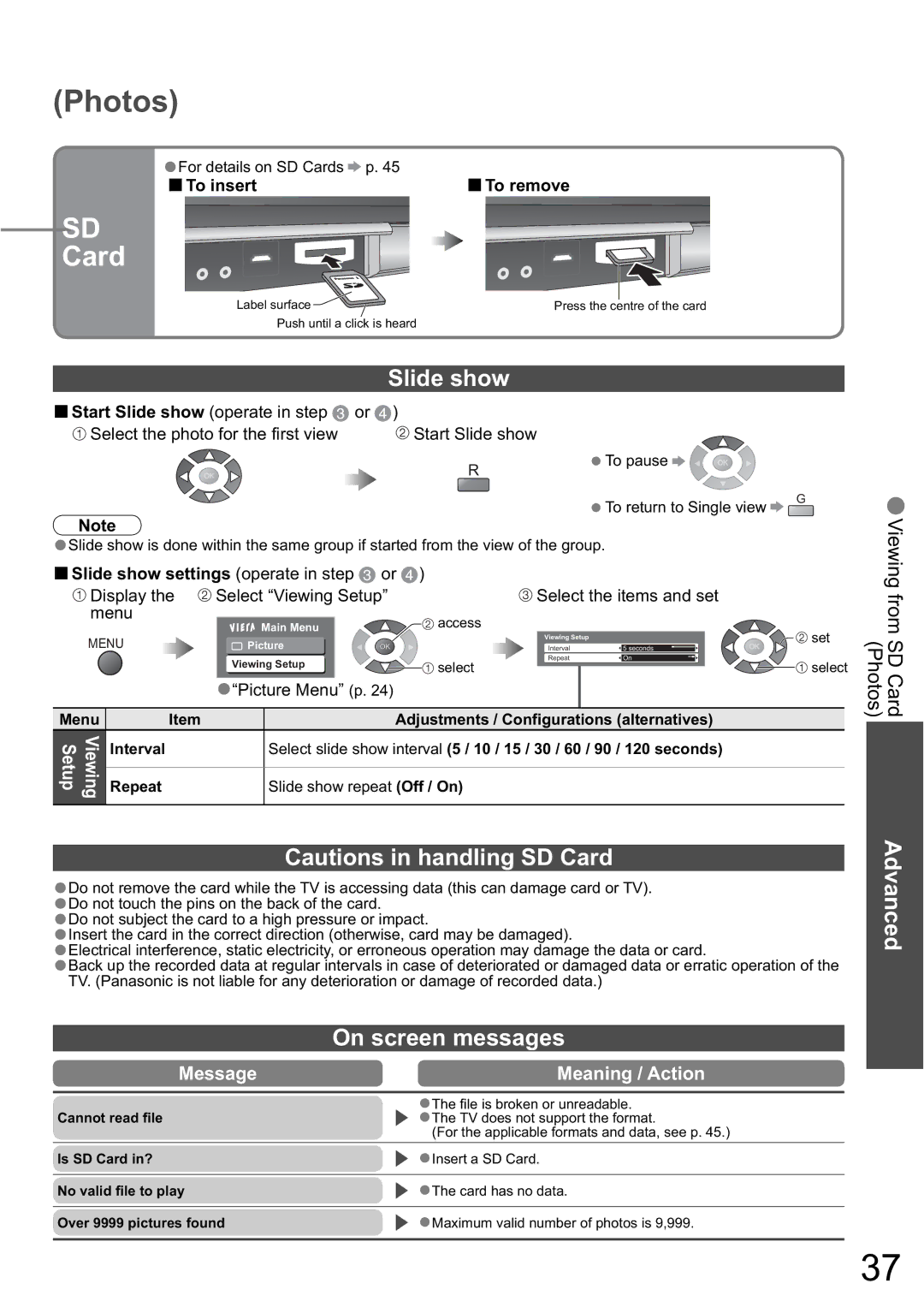 Panasonic TH-42PZ800A, TH-50PZ800A, TH-46PZ800A warranty Slide show, On screen messages, Message Meaning / Action 