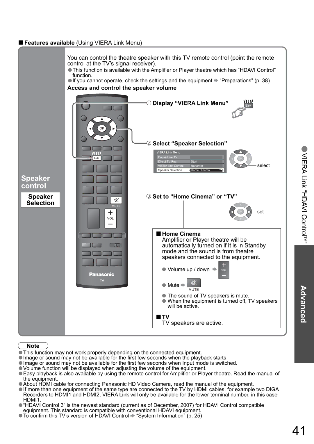 Panasonic TH-50PZ800A, TH-46PZ800A, TH-42PZ800A warranty Speaker control, Speaker Selection 