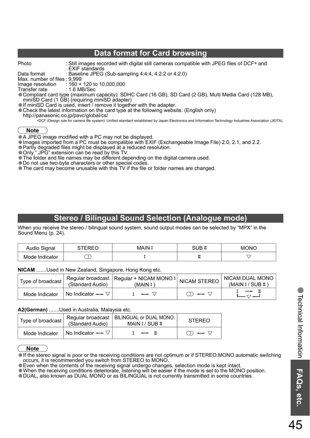 Panasonic TH-46PZ800A Data format for Card browsing, Stereo / Bilingual Sound Selection Analogue mode, Standard Audio 