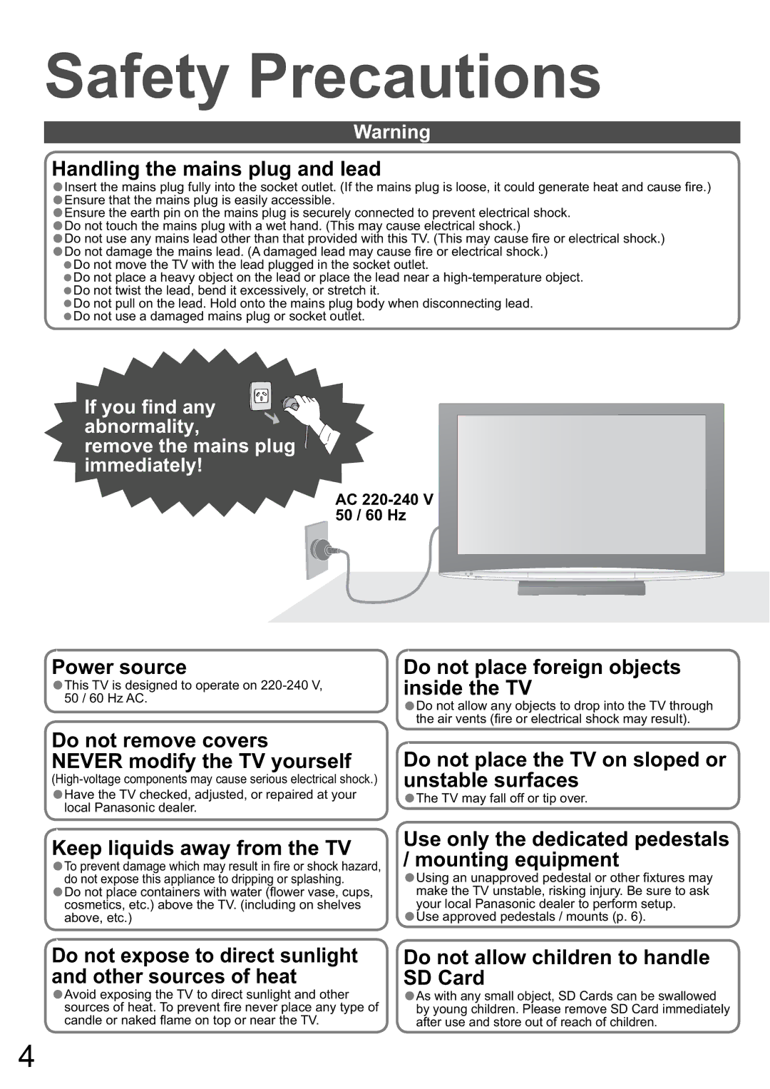 Panasonic TH-42PZ800A, TH-50PZ800A, TH-46PZ800A Safety Precautions, AC 220-240 V 50 / 60 Hz, TV may fall off or tip over 