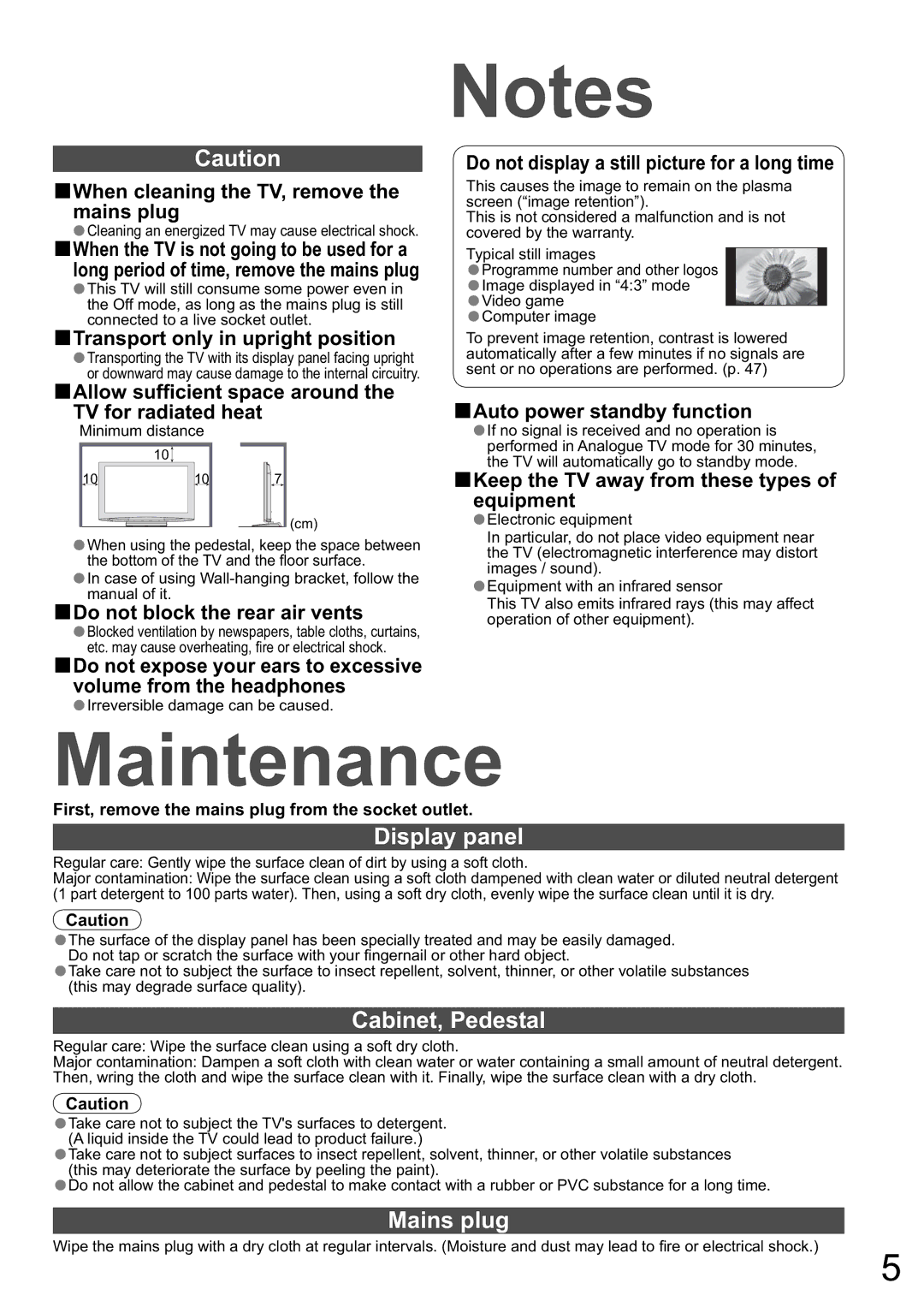 Panasonic TH-50PZ800A, TH-46PZ800A, TH-42PZ800A warranty Maintenance, Display panel, Cabinet, Pedestal, Mains plug 