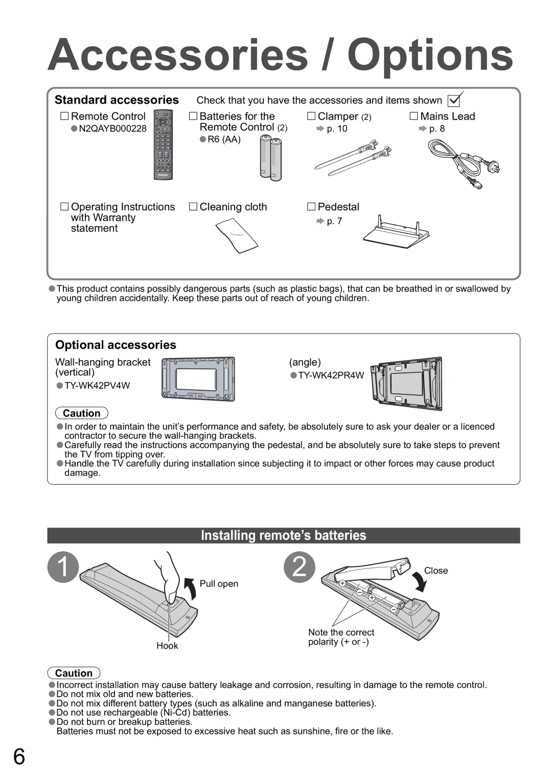 Panasonic TH-46PZ800A warranty Accessories / Options, Installing remote’s batteries, Wall-hanging bracket Angle Vertical 