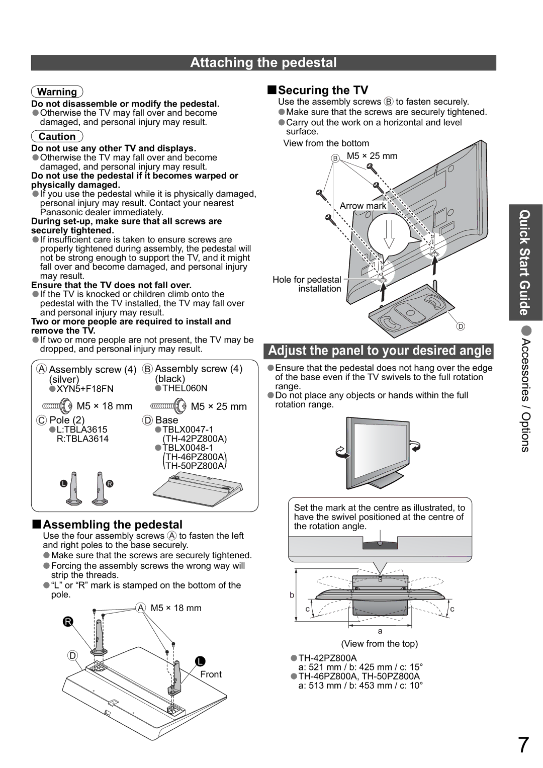 Panasonic TH-42PZ800A warranty Attaching the pedestal, Adjust the panel to your desired angle, Assembly screw Silver Black 