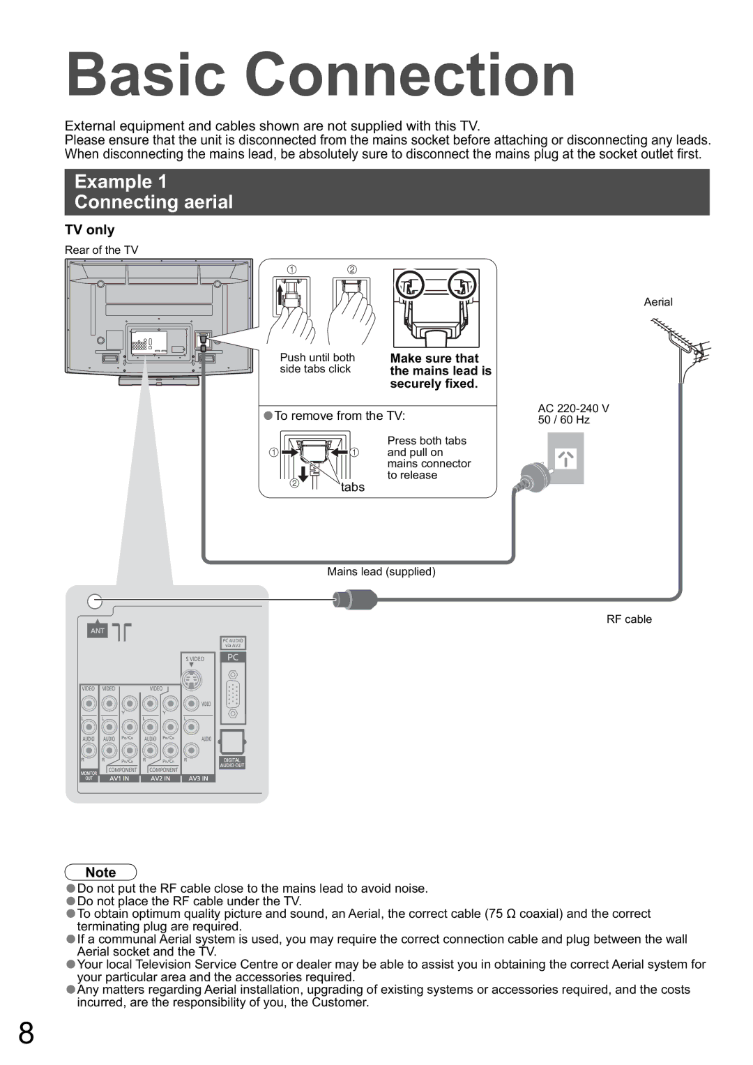 Panasonic TH-50PZ800A, TH-46PZ800A Basic Connection, Example Connecting aerial, TV only, To remove from the TV, Tabs 