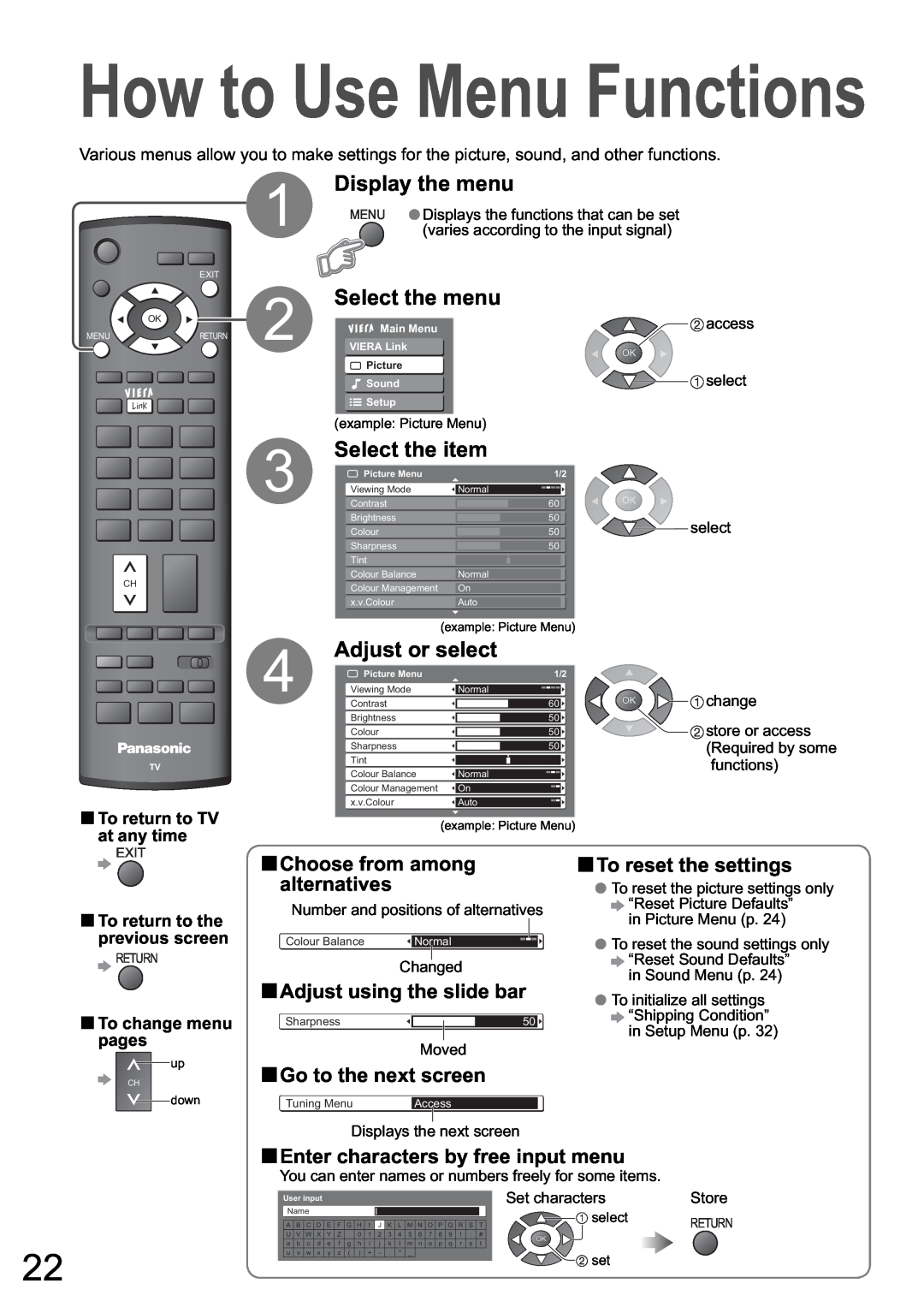 Panasonic TH-42PZ800A How to Use Menu Functions, Display the menu, Select the menu, Select the item, Adjust or select 