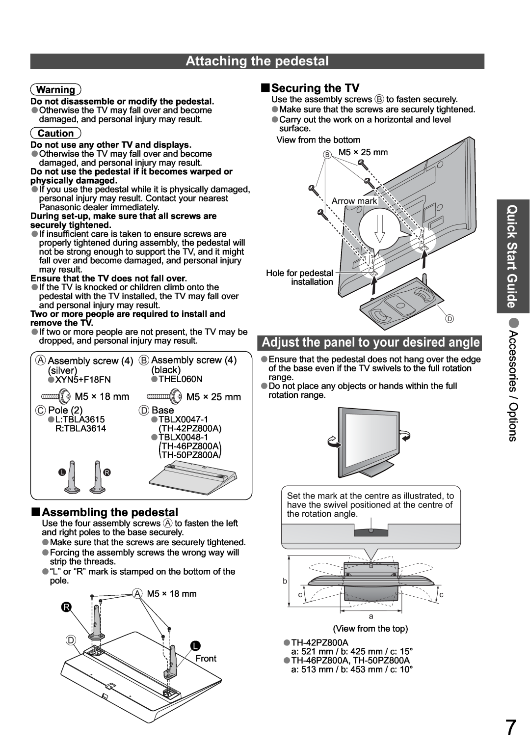 Panasonic TH-42PZ800A Attaching the pedestal, Adjust the panel to your desired angle, ŶSecuring the TV, Assembly screw 