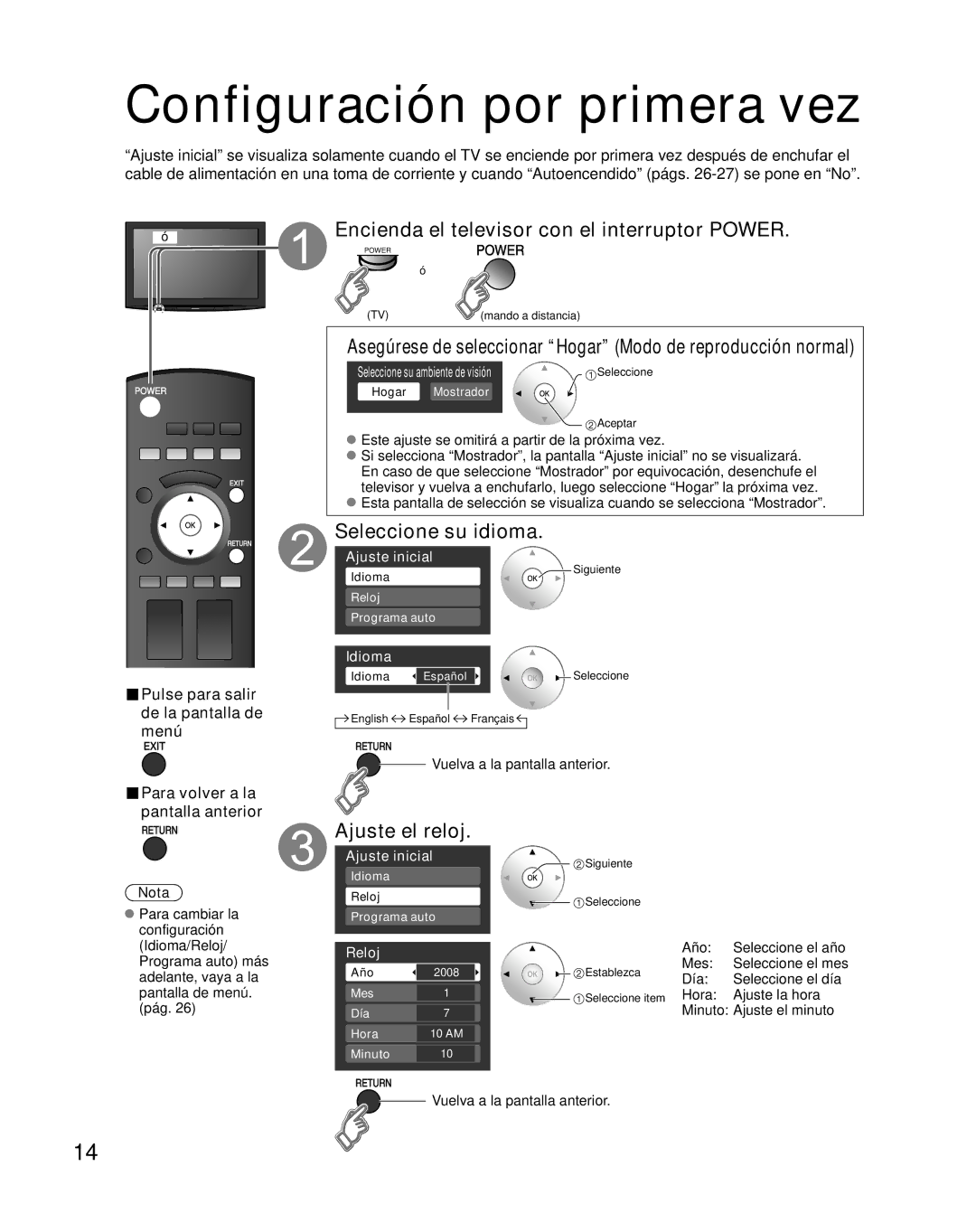 Panasonic TH-50PZ800U Configuración por primera vez, Encienda el televisor con el interruptor Power, Seleccione su idioma 