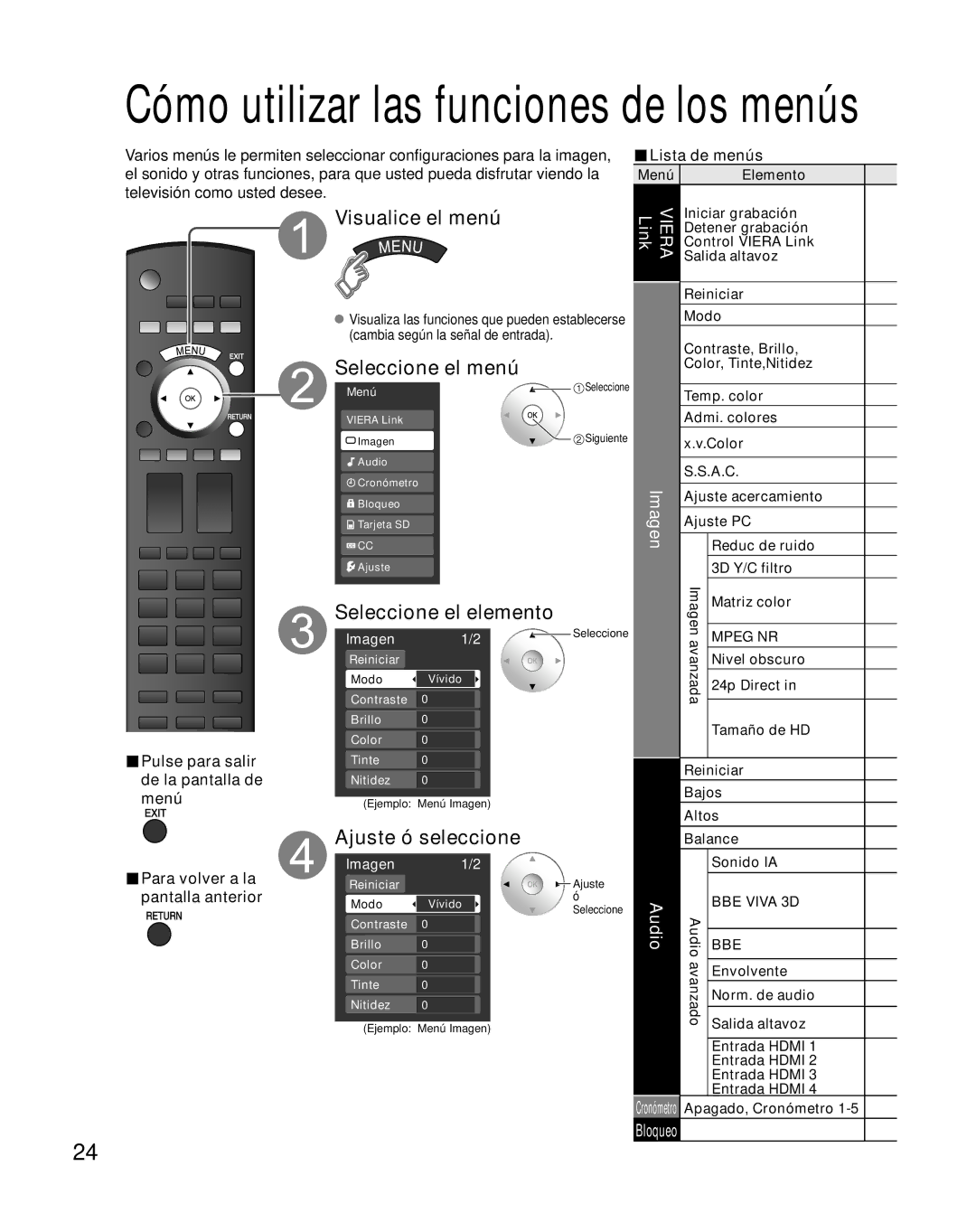 Panasonic TH-50PZ800U quick start Visualice el menú, Seleccione el menú, Seleccione el elemento, Ajuste ó seleccione, Audio 