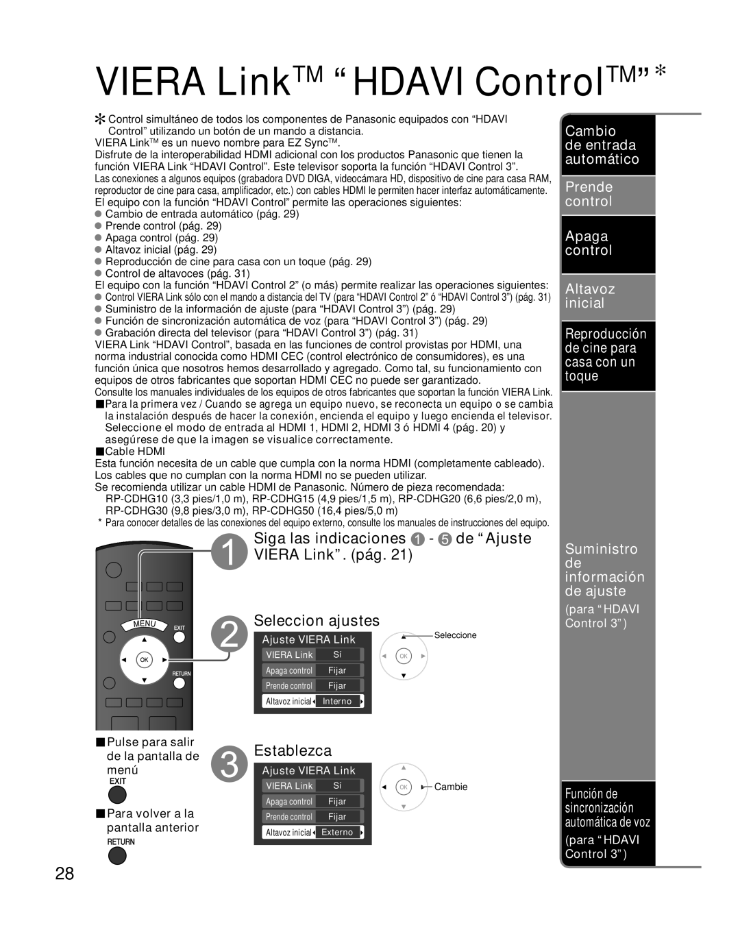 Panasonic TH-50PZ800U, TH-46PZ800U quick start Viera LinkTM Hdavi ControlTM, Establezca 