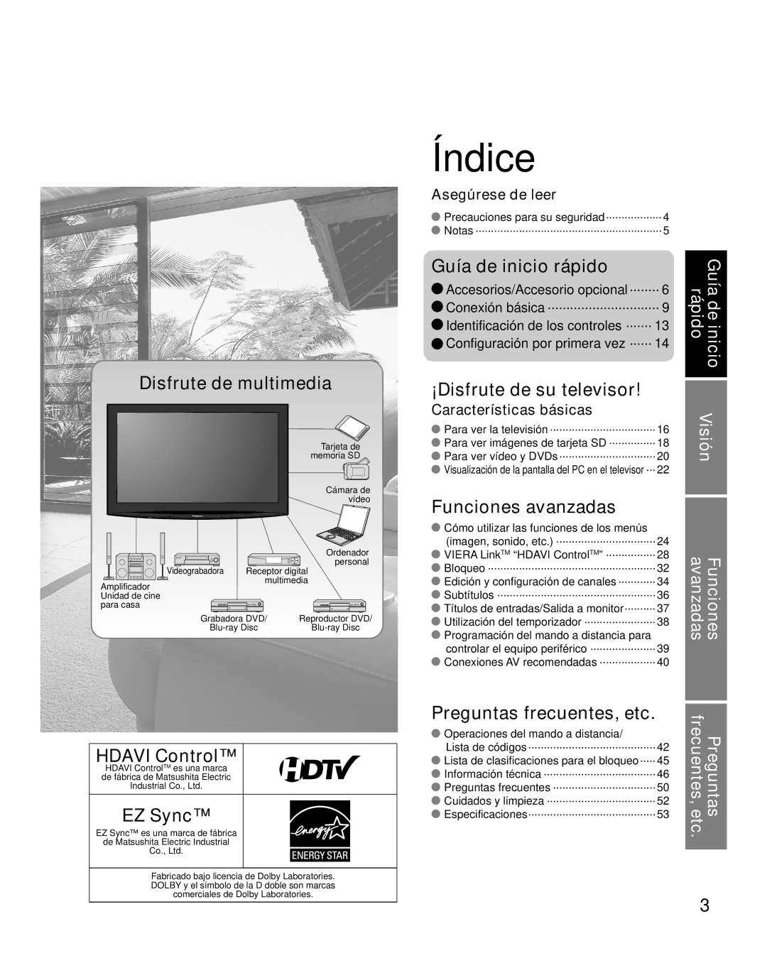 Panasonic TH-46PZ800U, TH-50PZ800U quick start Asegúrese de leer, Características básicas, Visión 