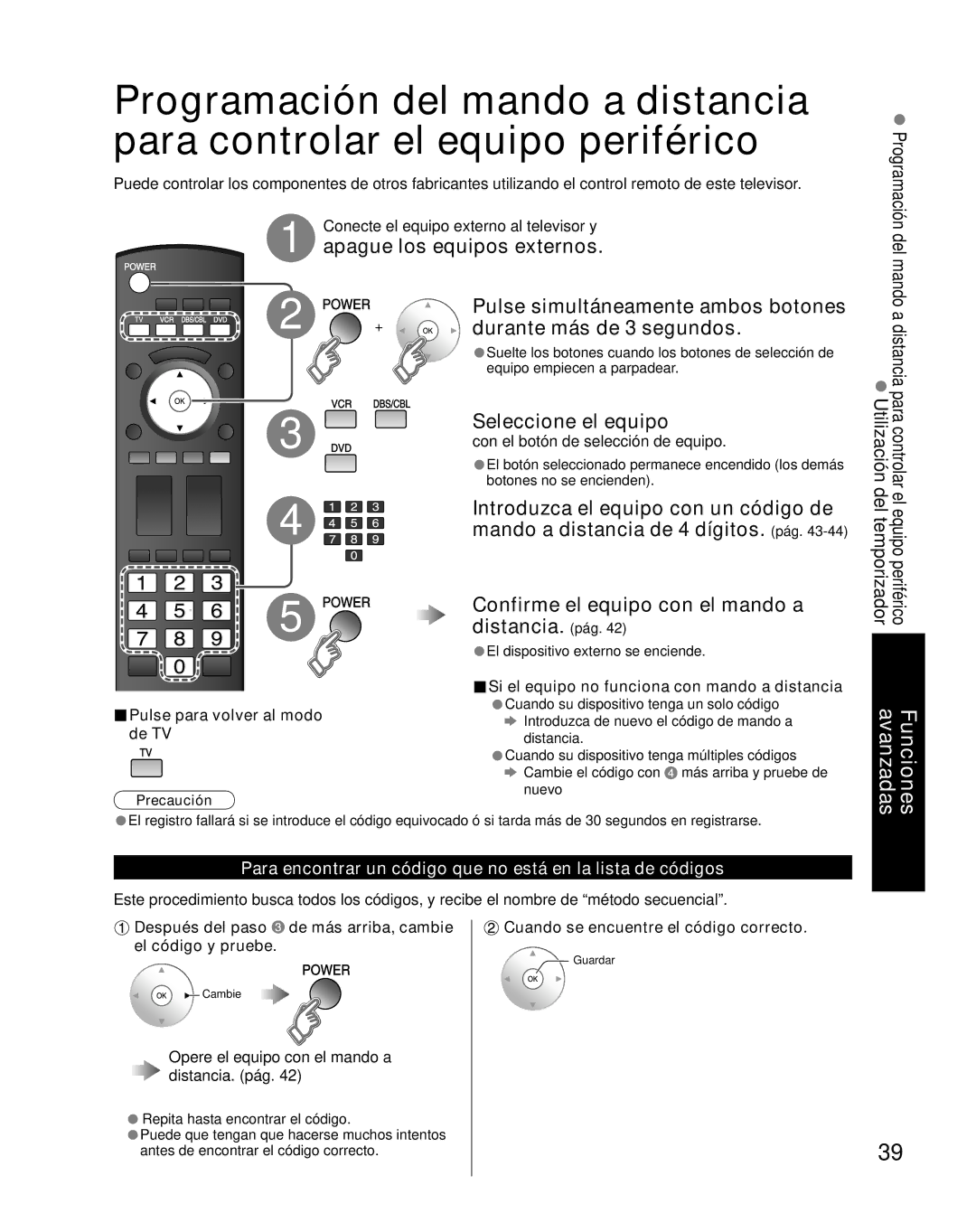 Panasonic TH-46PZ800U Apague los equipos externos, Durante más de 3 segundos, Seleccione el equipo, Distancia. pág 