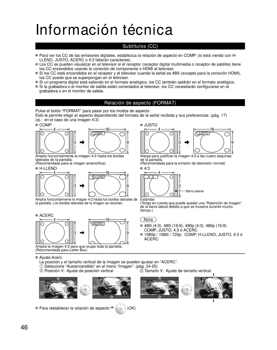 Panasonic TH-50PZ800U, TH-46PZ800U quick start Información técnica, Subtítulos CC, Relación de aspecto Format 